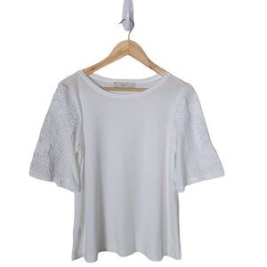 LOFT White Blouse 3/4 Bell Sleeves Crochet Detail